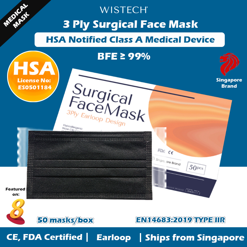[GET %% OFF MIX AND MATCH]  [Individually Sealed] (Pink/White/Black/Blue) Wistech 3 Ply Surgical Face Mask, 50 pieces, HSA Notified Medical Device, FDA CE Approved, BFE99%