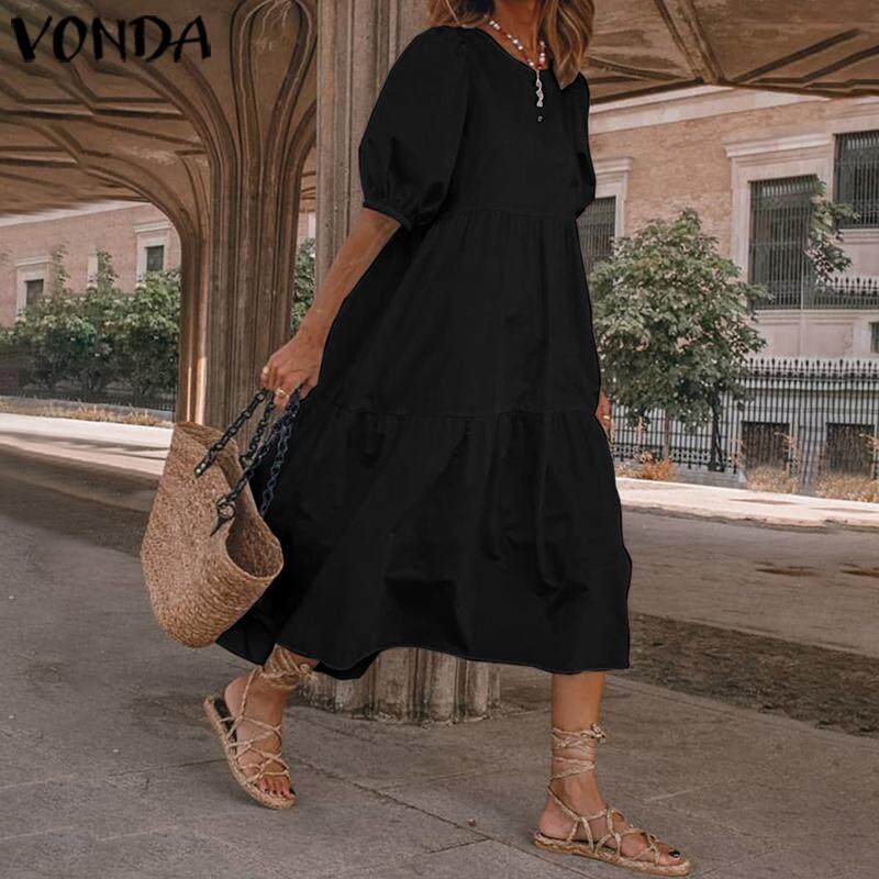VONDA Women Shirt Dress Elegant Sundress Puff Sleeve Midi Tunic Dress Party Prom Dress (Plus Size)