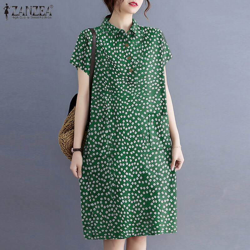 ZANZEA Women Summer Retro Short Sleeve Casual Loose Polka Dots Midi Shirt Dress
