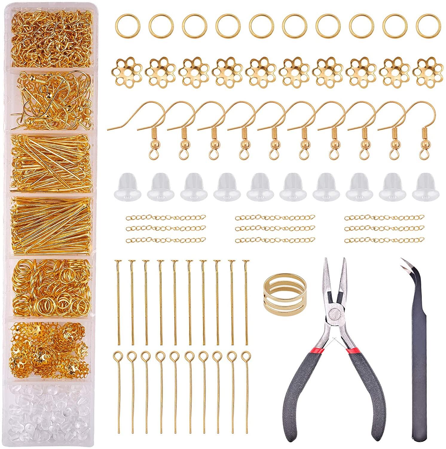 363 Pcs Earring Making Kit Including Earring Hooks Ear Nuts Jump Rings Bead Caps Eye Pins Head Pins Chain Extender Needle Nose Plier Tweezer for DIY Earring Jewelry Craft Making Golden