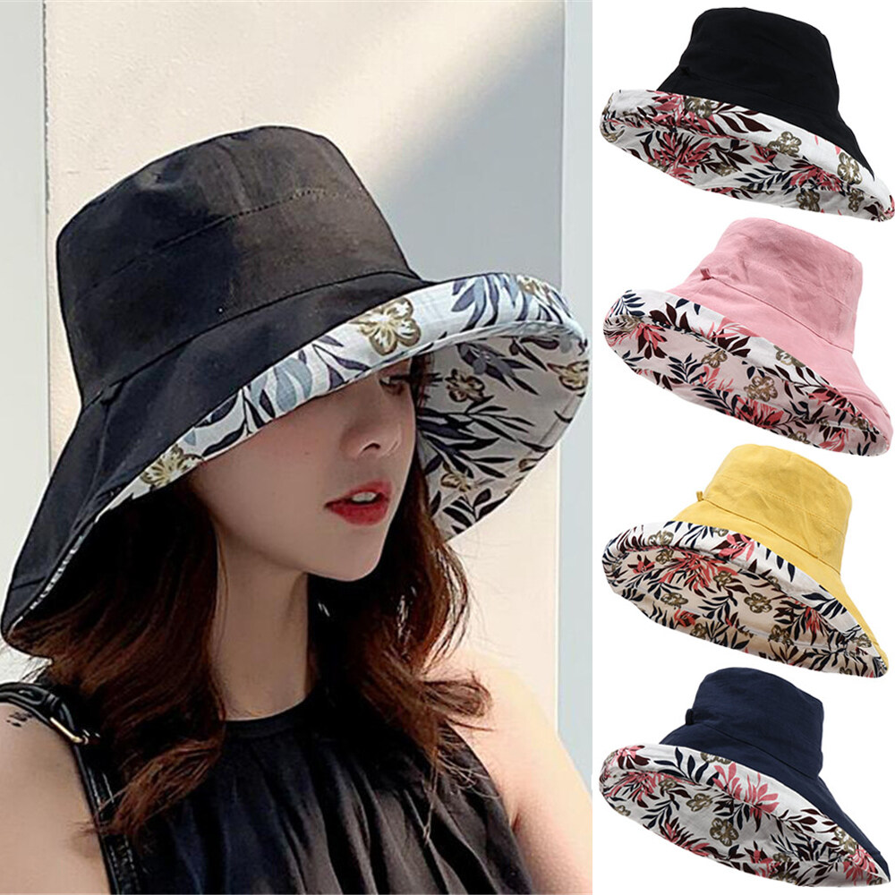 1pc Wide Brim Anti-UV Bucket Hat Foldable Portable Women Beach Sun Hat Big Visors With Windproof Rope Summer Fisherman Cap