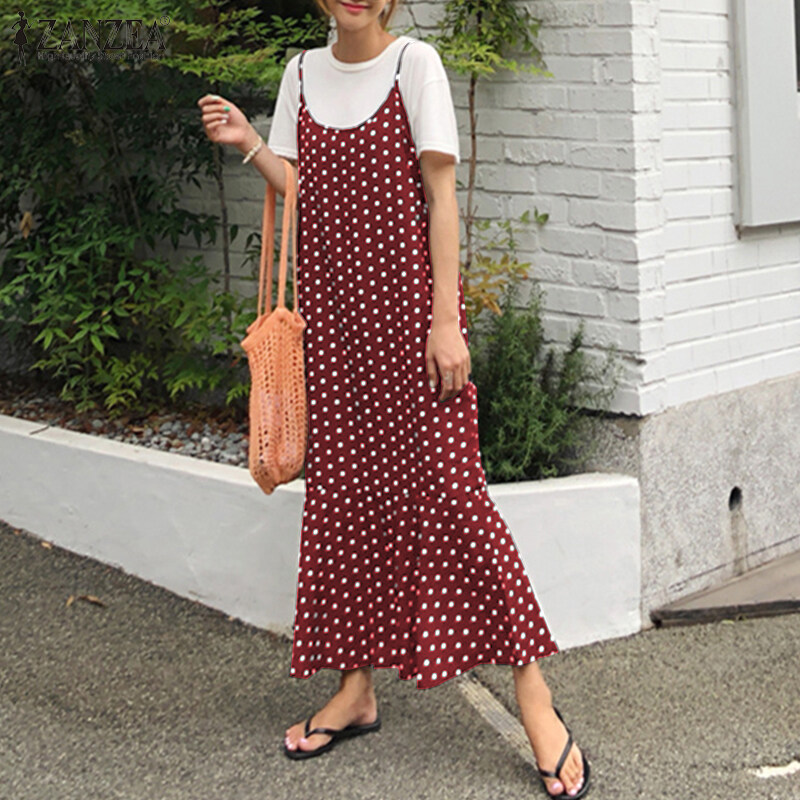 ZANZEA Korean Style Women Strappy Fishtail Long Maxi Sundress Vintage Polka Dot Slip Dress