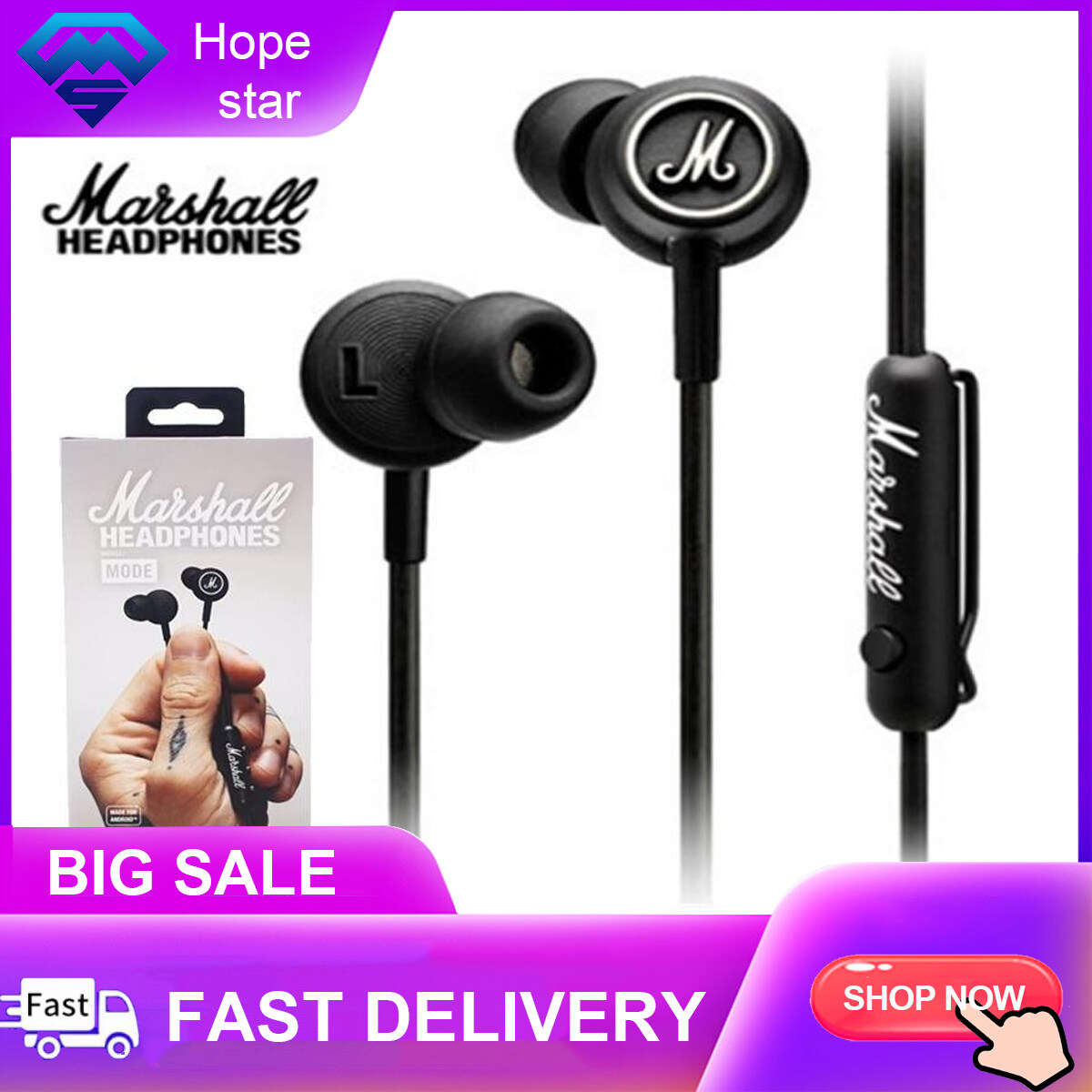 【100% authentic sales】Marshall Mode Wired Hi-Fi In-Ear Headphones Professional Monitor Earphones with Microphone and Remote