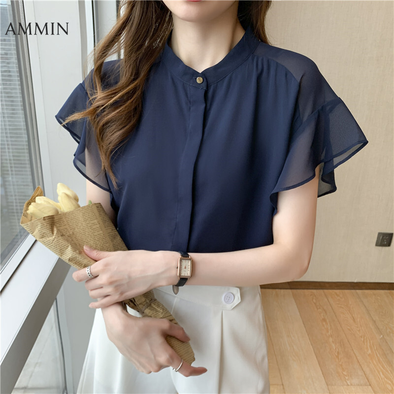 AMMIN Tops 2021 new stand-up collar short-sleeved elegant temperament fashion simple chiffon shirt female personality design sense bat sleeve all-match single-breasted blouse