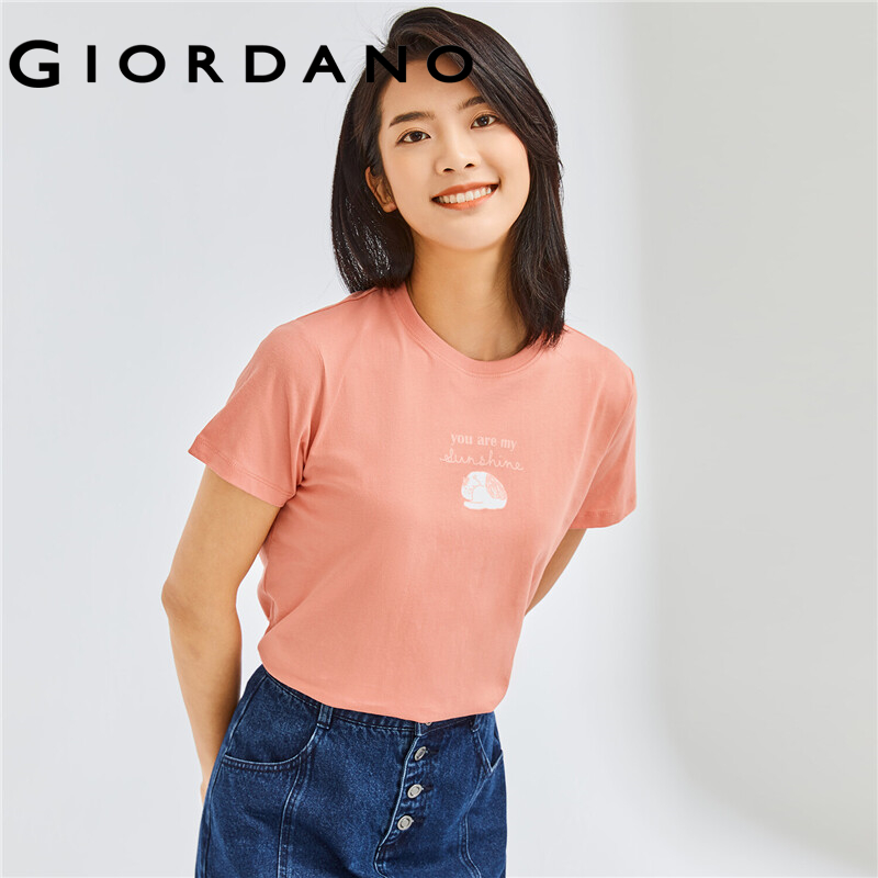 GIORDANO Women T-Shirts Fashion Printed Smile Face Cotton T-Shirts Summer Short Sleeves Ribbed Crewneck Basic T-Shirts 13391010