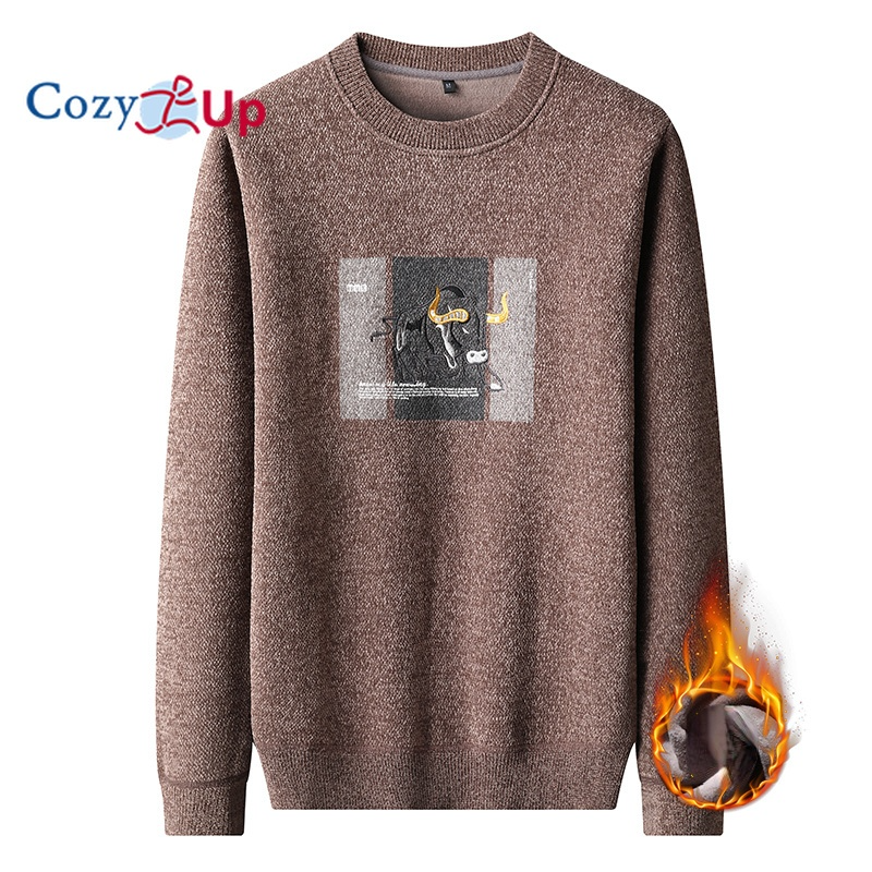 Cozy Up Long Sleeve Men Sweater Fashion Round Neck Embroidery Plus Velvet Thick Slim Knit