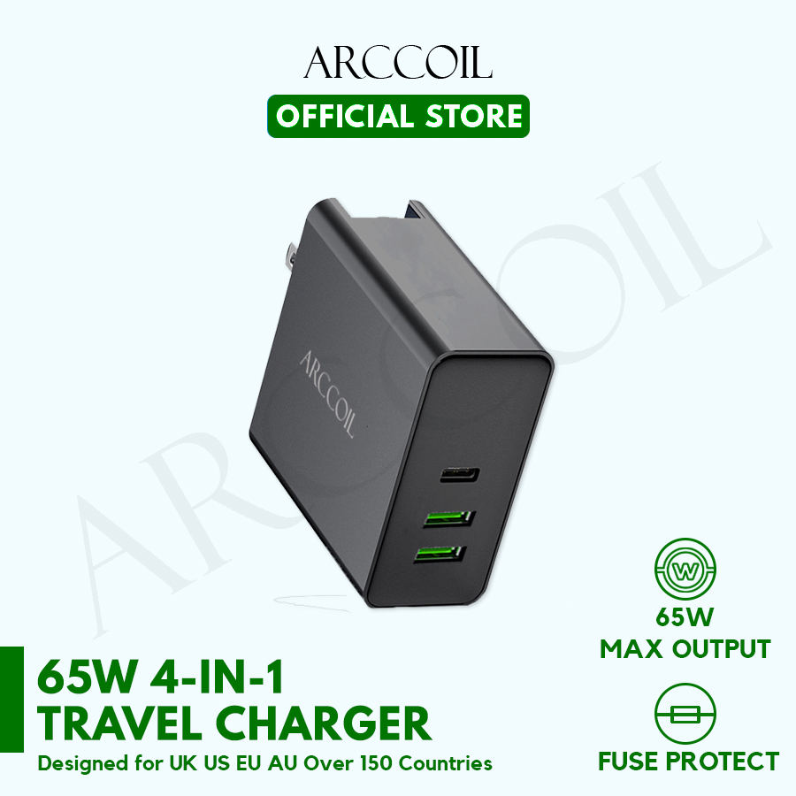 Arccoil 65W Power Delivery Travel Adaptor Universal Designed for UK US EU AU Over 150 Countries.