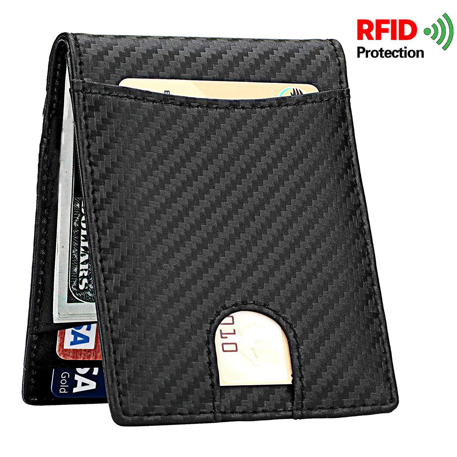 Genuine Leather Mens Wallet, RFID Blocking Carbon Fiber ID Wallet Slim Credit Card Holder Minimalist by SLGOL-direct