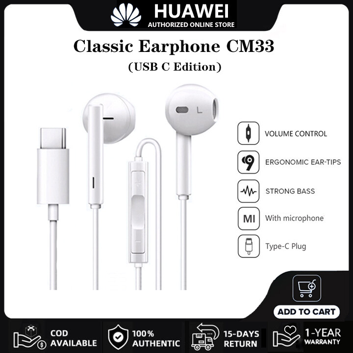 HUAWEI Earphone CM33 Original Full Bass Headset USB C Edition Hi-Res Audio Classic In-Ear Earphones | Type C Headphone | With Microphone Volume Control | For P50 P40 P30 Pro Mate 40 30 20 Pro Nova 5t 