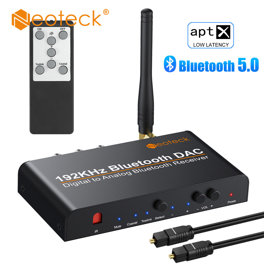 Neoteck DAC Converter Built-in Bluetooth V5.0 Receiver 192kHz Digital Coaxial Toslink to Analog Stereo L/R RCA 3.5mm Audio Converter