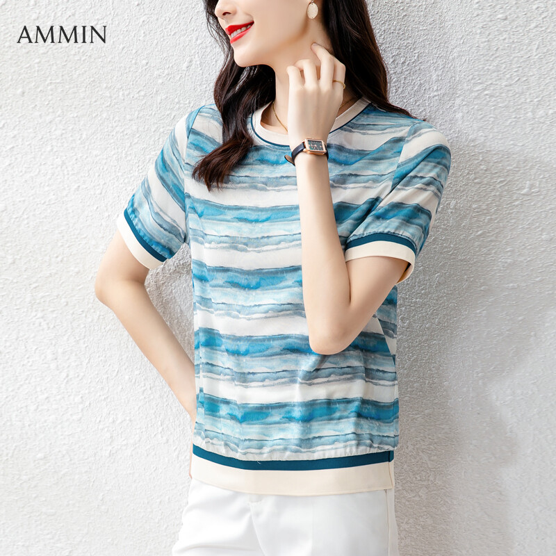 AMMIN Tops large size M-4XL 2021 summer new style simple fashion thread round neck gradient stripe printing silk elegant temperament short-sleeved T-shirt women's elegant temperament mulberry silk blo