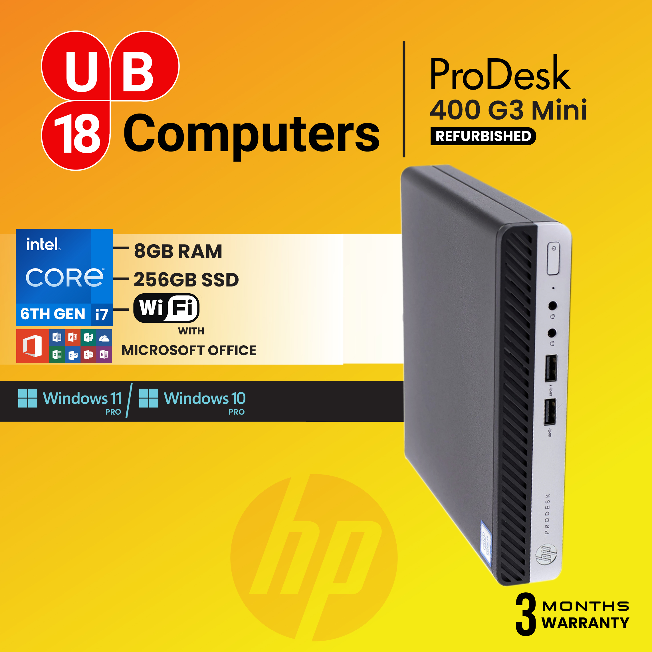 HP ProDesk 400 G3  Mini Desktop Core i7-6800T/ 8GB/ 256GB SSD/ WiFi/ Win 10Pro / MS Office
