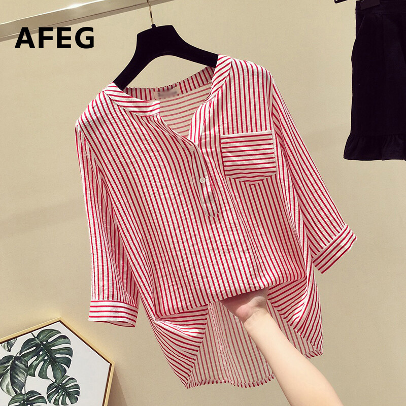 AFEG new Korean version of V-neck fashion loose wild striped three-quarter sleeve blouse for women