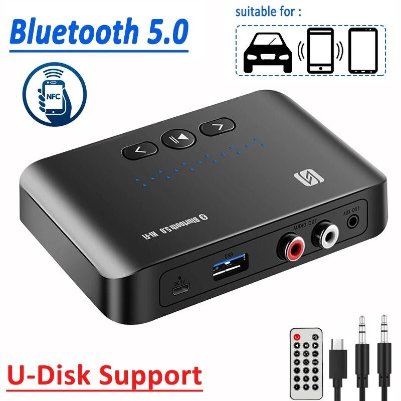 NFC5.0 Bluetooth Receiver AUX Interface 3.5m Jack ,RAC,U Disk Plug Transfer Speaker Adapter NFC Bluetooth Receiver 5.0 Bluetooth Transmitter FM Bluetooth Receiver Transmitter Amplifier With Remote Con