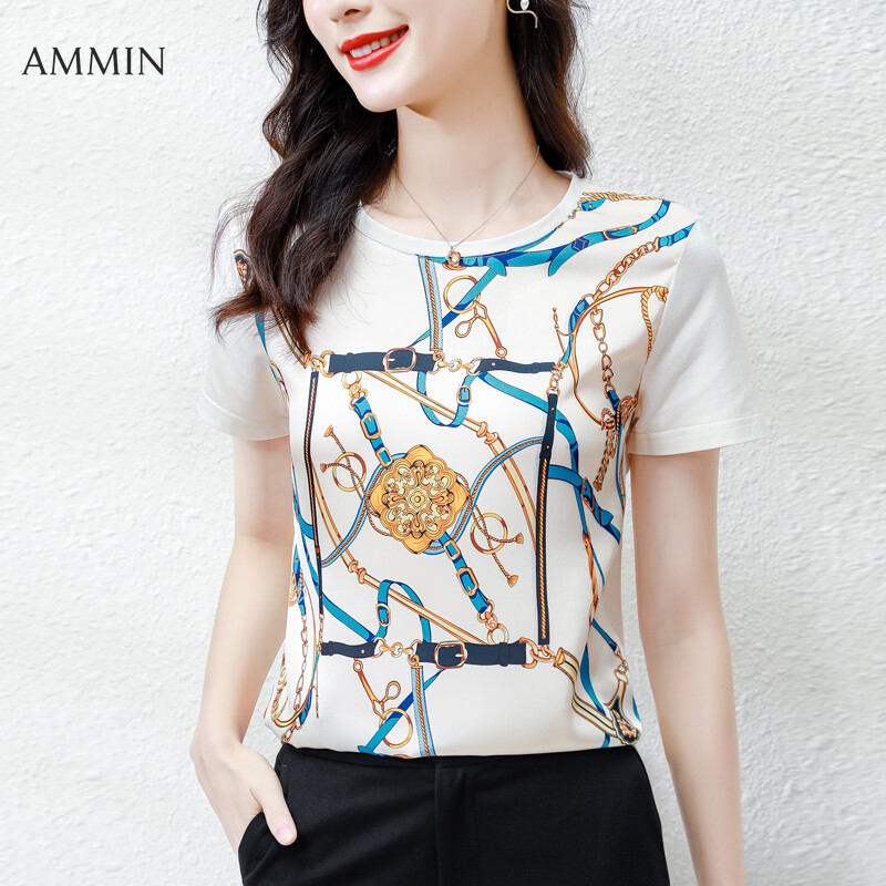 AMMIN Tops 2021 new short-sleeved simple fashion all-match blouse women's summer digital personality chain print loose round neck Korean fashion satin silk T-shirt