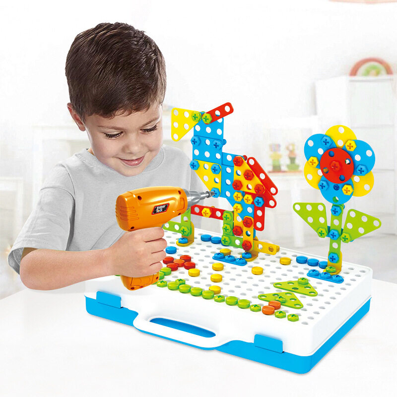Children Screwing Electric Drill Tool Playset Creative Mosaic Educational Construction Electric Drill Puzzle Toy Set Children Kids Screwing Electric Drill Toy Toolbox Kit Assembled Building Pretend Pl