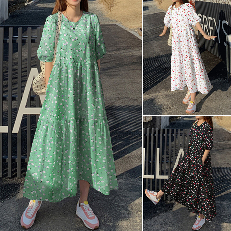 Rulfepy ZANZEA Women Korean Style Floral Print Tiered Layered Dress Short Sleeve Loose Long Maxi Sundress