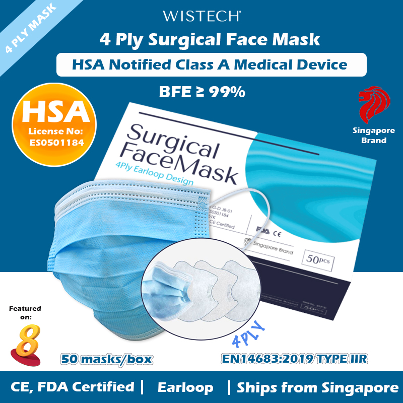 [OFFICIAL STORE] GET ADDITIONAL % OFF Wistech 4 Ply (Blue) Surgical Mask, 50 pieces, HSA Notified Medical Device, FDA CE Approved, BFE 99%, Wistech Singapore