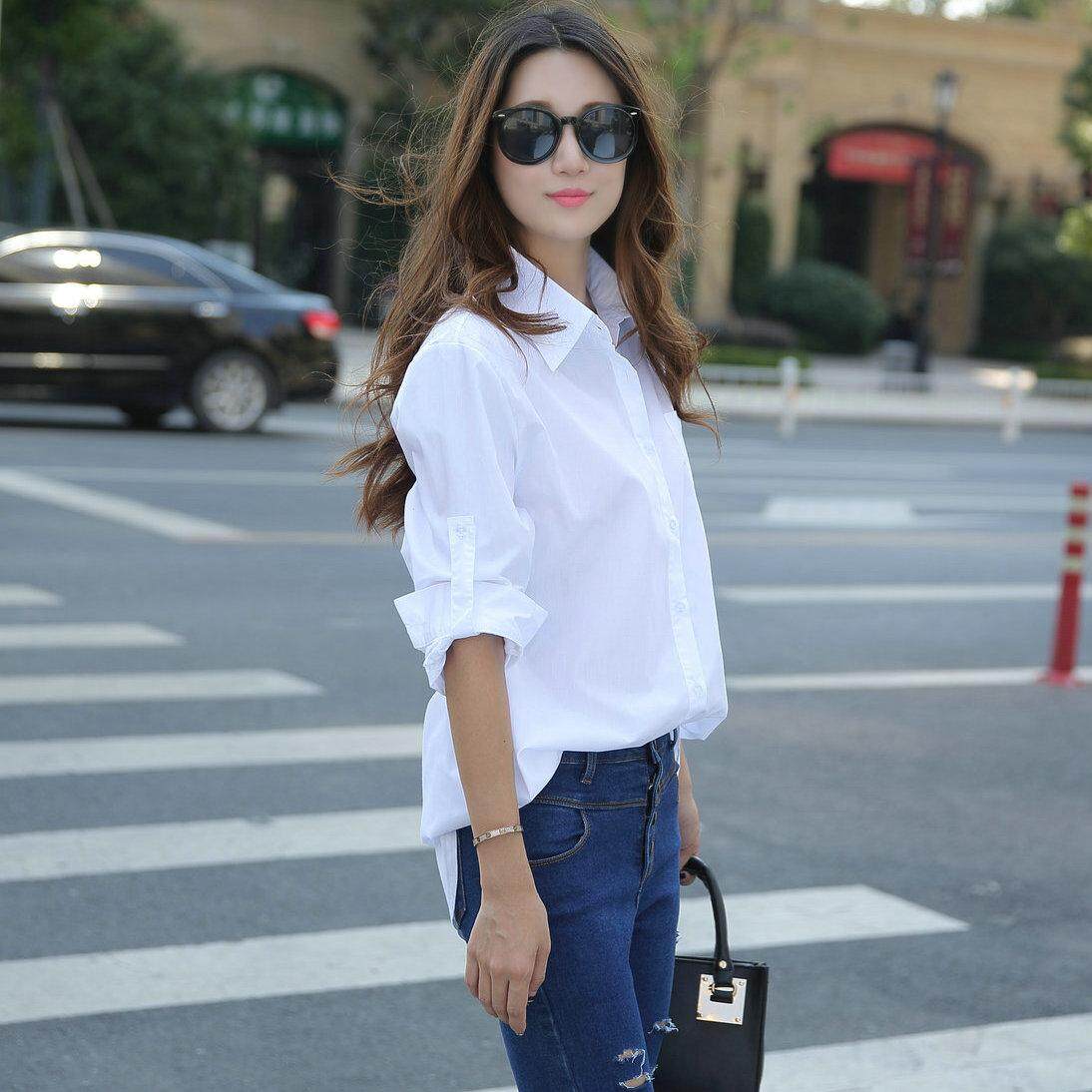 Autumn Spring Women Long White Shirts All-match Good Quality Long Sleeve Lady Casual Cotton Blouse Tops