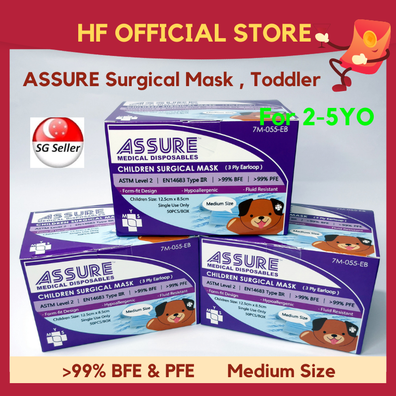 [Bundle of 3] ASSURE Surgical Mask Kids Children 50’s/box 3-ply Earloop Disposable 99% BFE Medical Grade Toddler Size  (2-5 years old)