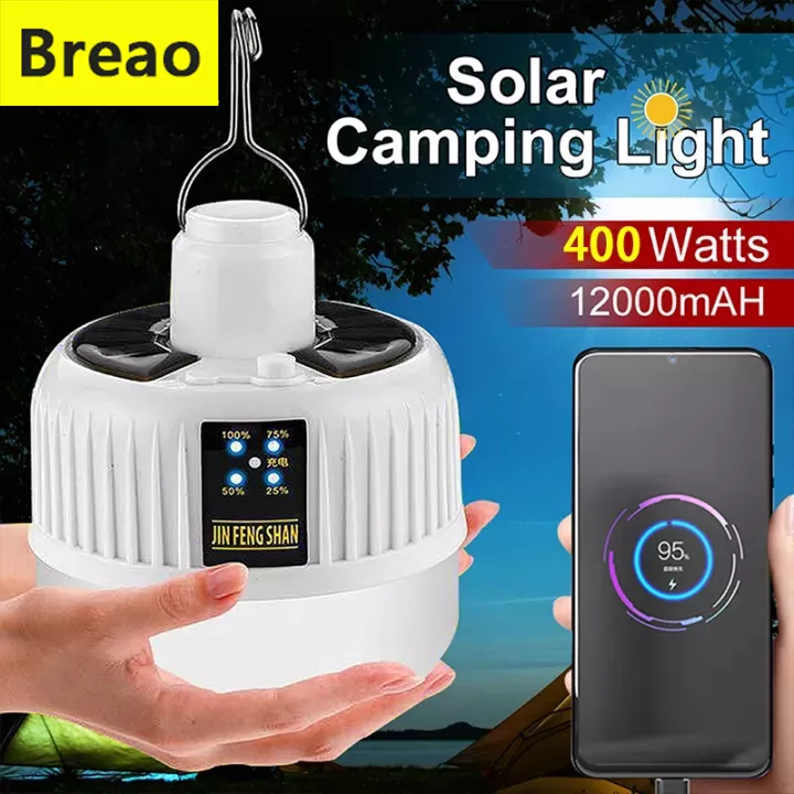 Breao 400W 12000mAh Super Bright Solar Bulb Light Rechargeable Dimmable Camping Lantern Portable LED Night Market Light Outdoor Emergency Lamp for Fishing Hiking Camping