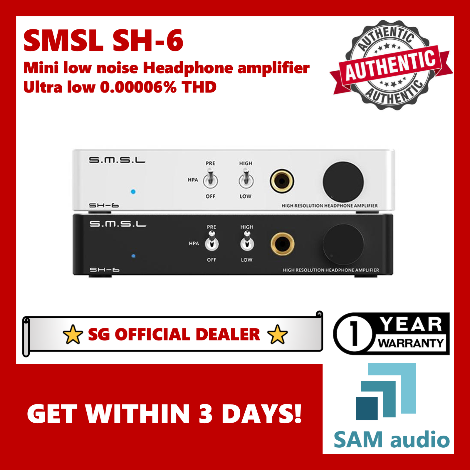 [?SG] SMSL SH-6, Headphone Amplifier +Pre-amplifier, Ultra-low Distortion, Hifi audio (SH6)