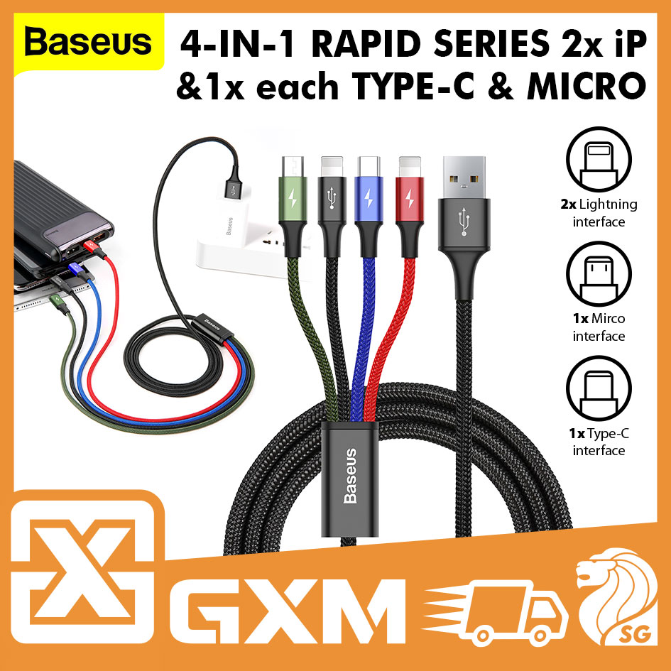 BASEUS Rapid 4 in 1 2 x Type-C+Lightning 8Pin+Micro USB Data Sync Charging Cable Compatible For Iphone Samsung Huawei 1.2M