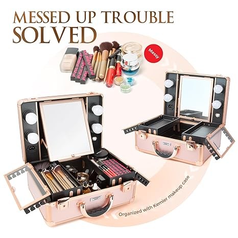 Kemier Makeup Train Case - Cosmetic Organizer Box Makeup Case with Lights and Mirror/Makeup Case with Customized Dividers/Large Makeup Artist Organizer Kit (Rose Gold)