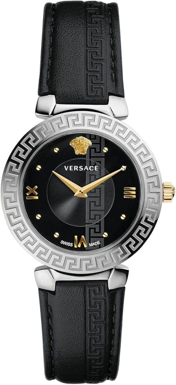 Versace Daphnis Collection Luxury Womens Watch Timepiece with a Black Strap Featuring a Stainless Steel Case and Black Dial
